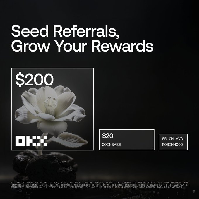 The image features a white flower with a black background, which appears to be a rose or a lily. The text "Seed Referals, Grow Your Rewards" is written above the flower, and there are two coins displayed below the flower in the bottom right corner of the image.