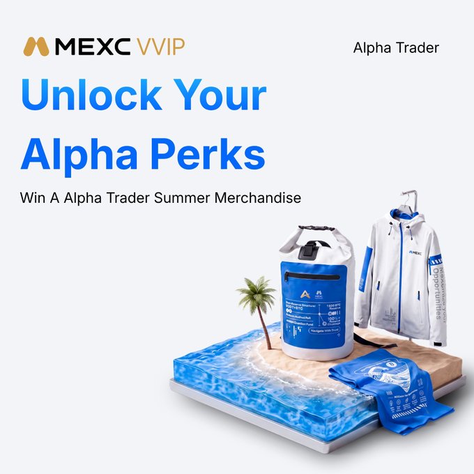 A promotional graphic for MEXC VVIP reading 'Unlock Your Alpha Perks' and 'Win A Alpha Trader Summer Merchandise', featuring a white and blue backpack, a jacket, and a t-shirt arranged on a stylized island and water platform.