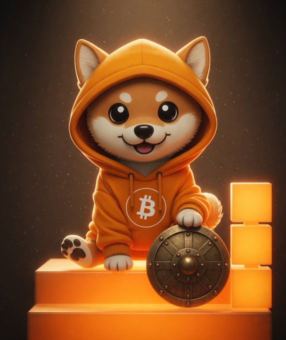 A 3D cartoon illustration shows a smiling Shiba Inu dog wearing an orange Bitcoin hoodie and holding a shield.