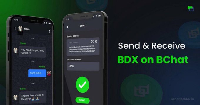 A promotional graphic shows two smartphone screens—one displaying a BChat conversation between "Klaus" and "Amelia" requesting a loan, and the other showing a "Send" interface for transferring 1000 BDX—alongside the text "Send & Receive BDX on BChat," illustrating the practical everyday utility of Beldex's BDX token for private peer-to-peer transactions as highlighted in the post.