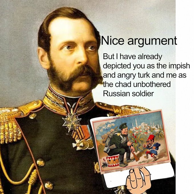 The image is a meme featuring a stern-looking man in an ornate military uniform holding a card depicting an "impish and angry Turk" being defeated by a "chad unbothered Russian soldier," with text reading "Nice argument. But I have already depicted you as the impish and angry turk and me as the chad unbothered Russian soldier." 

The meme humorously asserts dominance through imagery rather than logic, fitting the post's confident "morning everyone, hope the charts are looking green" greeting by playfully suggesting the poster is already "winning" before any debate begins.