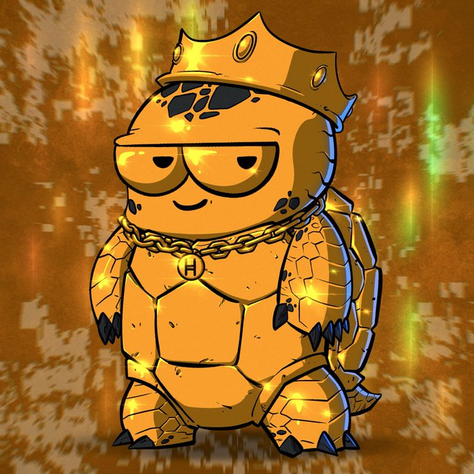 A cartoonish, gold-colored character wearing a crown and a thick chain necklace with an 'H' pendant stands against a textured golden background.