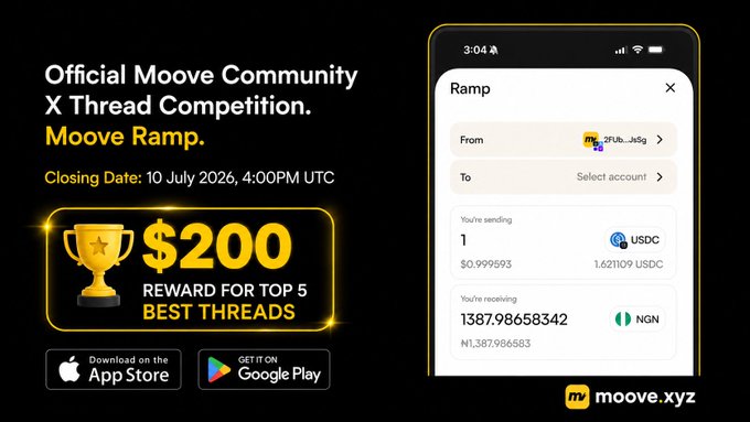 A promotional image for the Moove Community X Thread Competition, announcing a $200 prize pool for the top 5 best threads about Moove Ramp, with a closing date of 10 July 2026 at 4:00 PM UTC, featuring the Moove.xyz app's Ramp interface showing a USDC-to-NGN off-ramp transaction alongside App Store and Google Play download badges.