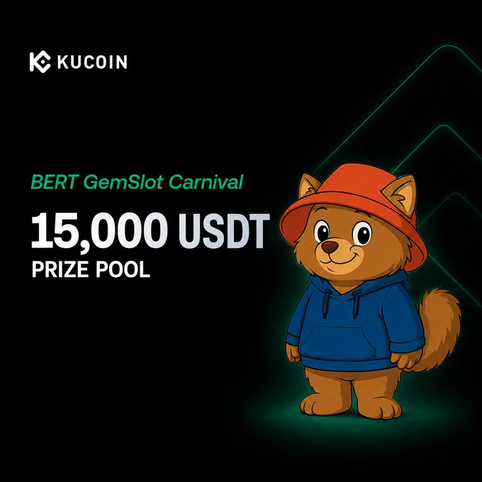 A KuCoin promotional graphic for the "BERT GemSlot Carnival" featuring a cartoon cat mascot in an orange bucket hat and blue hoodie, advertising a 15,000 USDT prize pool tied to BERT trading activity and a Lucky Draw promotion.