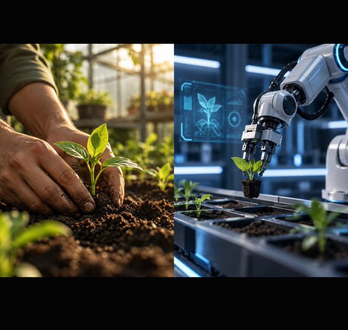 A side-by-side comparison showing traditional agriculture on the left, with hands planting a seedling in soil under sunlight, and modern automated farming on the right, featuring a robotic arm handling plants in a high-tech facility with digital plant monitoring displays.