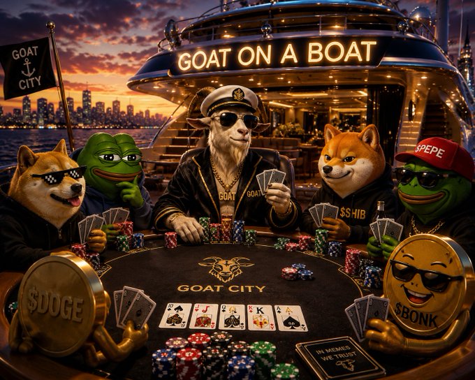 A 'Goat on a Boat' themed illustration featuring a goat captain and various meme characters (Pepe, Shiba Inu, Doge, Bonk) playing poker on a yacht at sunset.