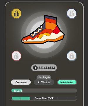 The image shows a shoe with a unique design, possibly resembling a sneaker or boot, placed against a black background. The shoe appears to be colorful and eye-catching. In the top left corner of the image, there are three small circles, each containing a lock symbol. These locks seem to represent different levels or achievements in the game. Additionally, there is text that reads "Common", "Level 5", "Shoe Mint 2/7", and "Walker". The shoe's design and the presence of these symbols suggest that this image might be related to a gaming experience where players can earn points by completing various tasks or challenges within the game.