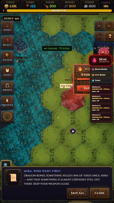 A screenshot of the Lastlight fantasy strategy game showing a hexagonal map with resources like 1.0K gold, 155 gems, 500 food, and 800 wood/stone, alongside a "Mirra, Who Went First" lore panel mentioning Dragon Bones and a weapon clue, promoting the game via play.dungeongames.io.