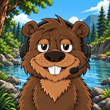 A cartoon illustration of a smiling brown beaver wearing headphones with a microphone, set against a background of a flowing river and a forested mountain landscape.