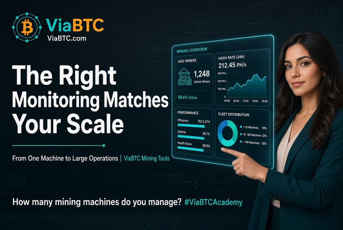 A woman in a dark blazer points to a futuristic ViaBTC mining dashboard displaying metrics like 1,248 active miners, a 212.45 PH/s hash rate, 99.7% uptime, and a fleet distribution chart. The promotional banner reads "The Right Monitoring Matches Your Scale—From One Machine to Large Operations" alongside the ViaBTC logo and the hashtag #ViaBTCAcademy, reinforcing the post's message about tailored mining management tools.