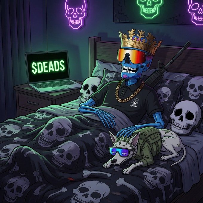 A colorful illustration of a blue skeleton wearing a crown, sunglasses, and gold chain, sitting on a bed with a '$DEADS' laptop and a dog companion wearing sunglasses.