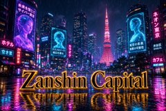 A neon-lit cyberpunk cityscape titled "Zanshin Capital," featuring a prominent tower resembling Tokyo Tower and holographic displays, evokes the feeling of a high-stakes financial hub. The imagery aligns with the post's theme of "front running a VC into a meme coin," suggesting a futuristic, adrenaline-fueled setting where rapid crypto trades and meme coin pumps mirror the chaotic energy of a bustling digital metropolis.