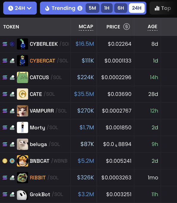 A crypto trending tokens list displaying tokens like CYBERLEEK ($16.5M), CYBERCAT ($111K), CATCUS ($224K), CATE ($35.5M), and VAMPURR ($270K) with their market caps, prices, and ages.