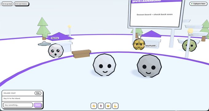 A screenshot of an island-themed multiplayer social game called "ISLAND CHAT" featuring rock-headed avatars in a snowy landscape with a leaderboard and chat input box.