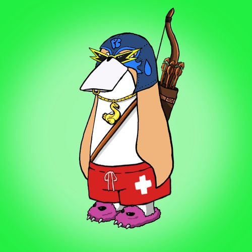 A digital illustration of an anthropomorphic dog character wearing a blue bandana with 'PB', yellow sunglasses, a gold dollar sign necklace, red shorts with a white cross, and fuzzy pink slippers, holding a bow.