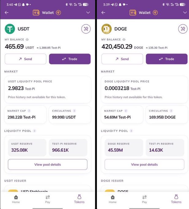A side-by-side screenshot of a "Wallet" interface showing token balances and liquidity pool details for USDT (465.69 USDT, pool price 2.9823 Test-Pi) on the left and DOGE (420,450.29 DOGE, pool price 0.0003218 Test-Pi) on the right, supporting the claim that Pi Network's Testnet now displays multi-asset smart contract support for these tokens.