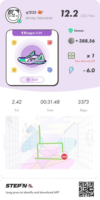 The image shows a purple screen with a white background displaying information about a running app called "StepN". The app tracks steps taken, distance traveled, calories burned, and time spent running. It also provides a map of the user's route and their current location. The post is titled "StepN" and has a caption that reads: "Focus on what is in the image and how it relates to the post."