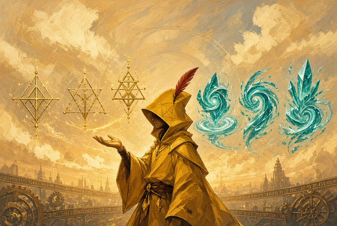 A hooded figure in yellow robes adorned with a red feather stands holding their hand out as golden geometric symbols and swirling turquoise energy crystals float above their palm against a sweeping sky. The mystical imagery ties into the post's announcement of the "Genesis Receipts" mint, evoking a sense of arcane ritual as the final hours for whitelist entries approach.