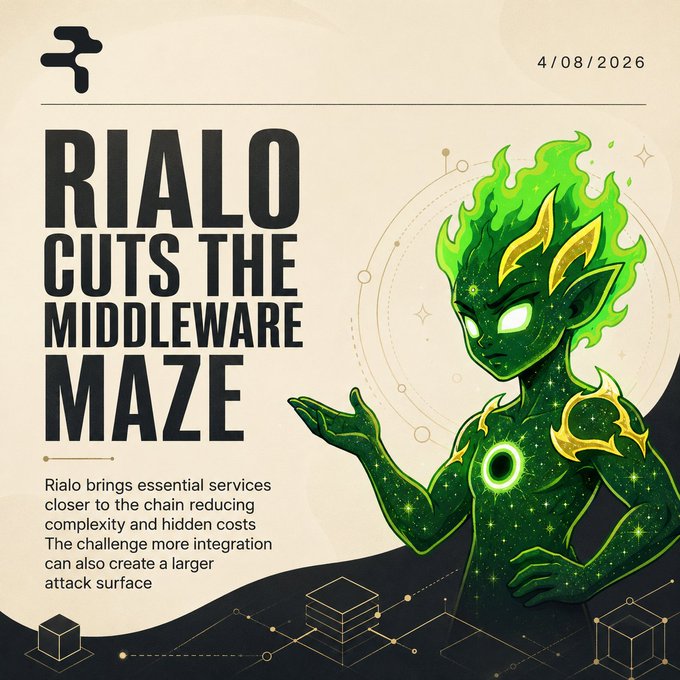A promotional graphic titled 'RIALO CUTS THE MIDDLEWARE MAZE' dated 4/08/2026, featuring a green, starry, flame-headed humanoid character and text explaining how Rialo brings essential services closer to the chain.