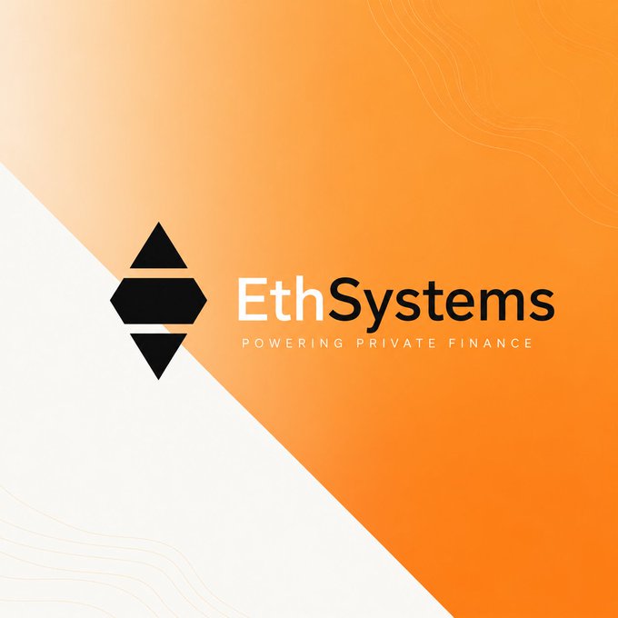A graphic design with an orange and white background displaying the 'EthSystems' logo, tagline 'POWERING PRIVATE FINANCE', and a black geometric diamond emblem.