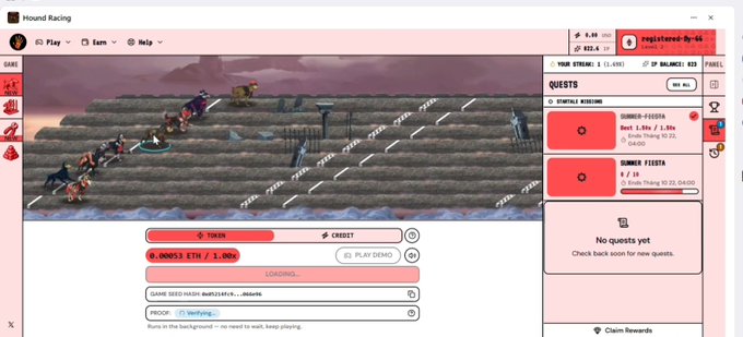 A screenshot of a 'Hound Racing' game interface showing characters running on a dirt track with betting panels on the right side and a loading screen at the bottom.
