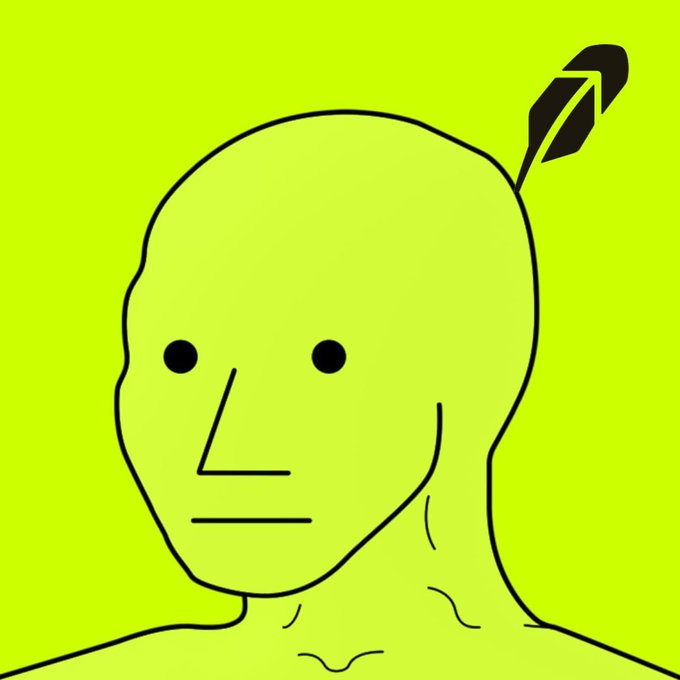 A simple cartoon line drawing of a bald head with a feather, set against a bright green-yellow background, visually representing the "$NPC" ticker mentioned in the post as a symbol of the NPC (Non-Player Character) meme being embraced.