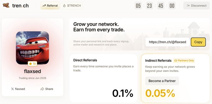 A screenshot of a 'tren ch' referral dashboard for user 'flaxsed', displaying direct referrals at 0.1% and indirect referrals at 0.05%, with a referral link https://tren.ch/@flaxsed.