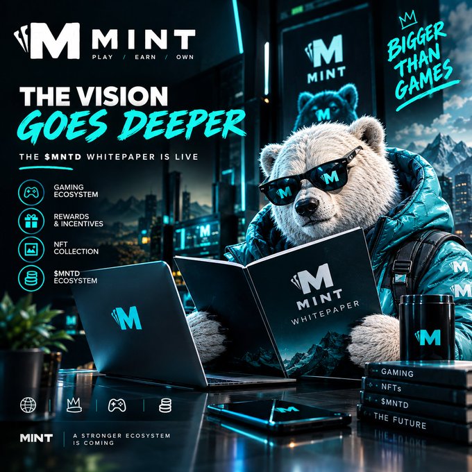 A promotional poster for 'MINT' (MNT) cryptocurrency featuring a white bear in sunglasses using laptops displaying 'MINT WHITEPAPER', with the slogan 'THE VISION GOES DEEPER' and tags for Gaming, NFTs, and $MNTD ecosystem.