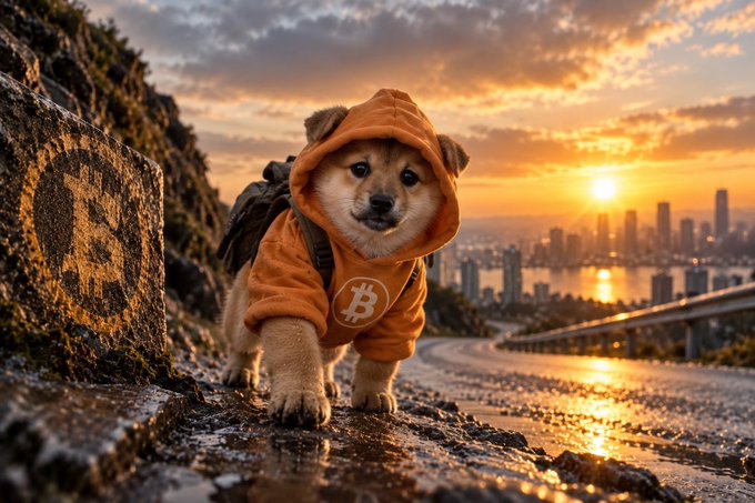 A Shiba Inu puppy wearing an orange hoodie with a Bitcoin logo and a backpack stands on a rocky path. Behind the puppy is a rock with a faded Bitcoin symbol, and a city skyline is visible in the background under a sunset.