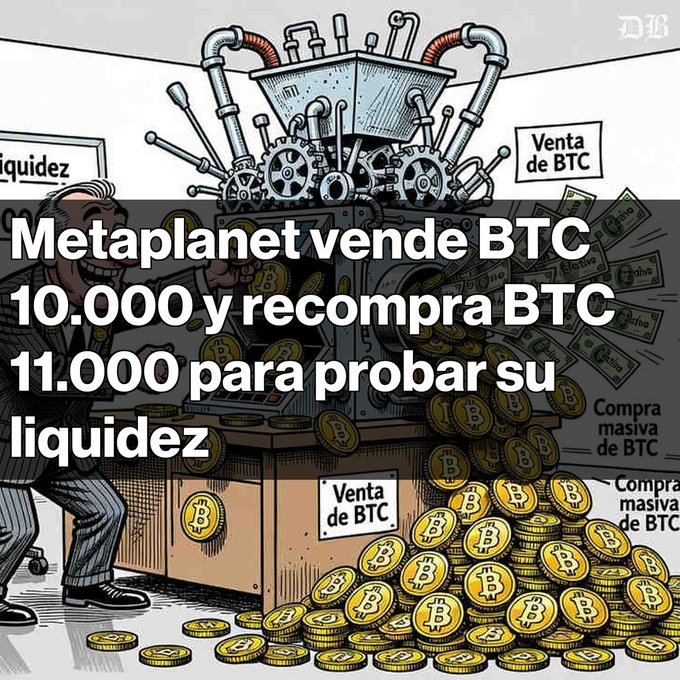 An illustrated cartoon showing a smiling businessman operating a machine processing Bitcoin, with Spanish text overlay reading 'Metaplanet vende BTC 10.000 y recompra BTC 11.000 para probar su liquidez', alongside signs labeled 'Venta de BTC' and 'Compra masiva de BTC'.