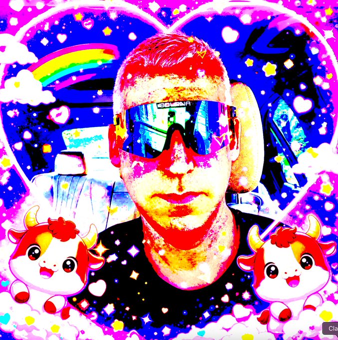 Psychedelic, highly stylized portrait of a man wearing reflective sunglasses surrounded by cute cartoon cows, hearts, rainbows, and stars.