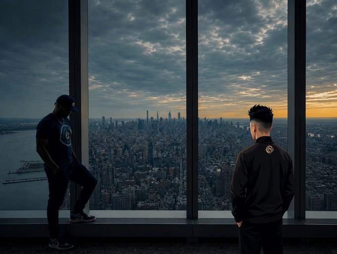 Two people silhouetted against large floor-to-ceiling windows overlooking the New York City skyline at sunset, with one person wearing a black cap and t-shirt standing on a ledge while the other in a black jacket faces the cityscape.