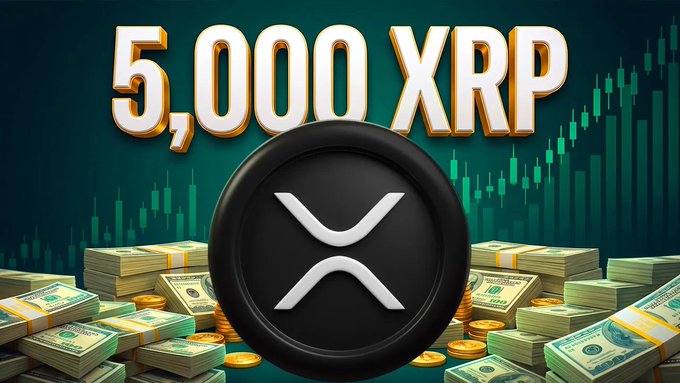 Promotional graphic showing "5,000 XRP" text above a large black XRP/X logo coin, with stacks of dollar bills and a green candlestick chart in the background.
