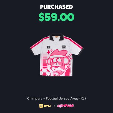 A digital purchase receipt showing 'PURCHASED $59.00' for a 'Chimpers - Football Jersey Away (XL)' featuring a cartoon chimpanzee character, with logos for DYLI and Chimpers at the bottom.