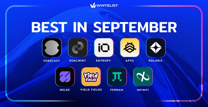 A blue banner titled 'BEST IN SEPTEMBER' displaying app icons for 'FORECAST', 'DUALMINT', 'ENTROPY', 'APYS', 'POLARIS', 'MELEE', 'YIELD FIELDS', 'FERMAH', and 'INFINIFI' under the 'WHITELIST' logo.