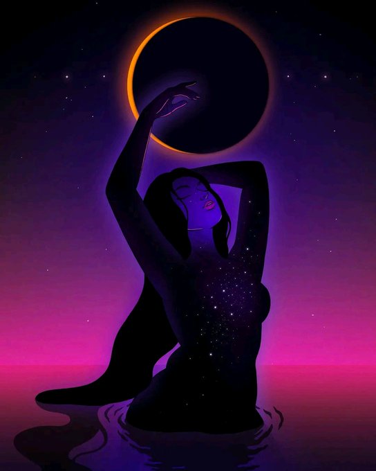 A stylized illustration depicts a silhouetted female figure in a sensual pose with one arm raised, her body filled with a starry cosmos pattern, set against a purple gradient sky featuring a glowing solar eclipse.