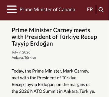 A screenshot from the Prime Minister of Canada's website showing an announcement dated July 7, 2026, in Ankara, Türkiye, that "Prime Minister Carney meets with President of Türkiye Recep Tayyip Erdoğan" on the margins of the 2026 NATO Summit. The image supports the post by visually confirming the diplomatic meeting between Mark Carney and President Erdoğan, which the post frames as the backdrop for the launch of Canada–Türkiye FTA negotiations across defence, aerospace, energy, critical minerals, and digital trade sectors, with a nod to $XDC for trade finance digitization.