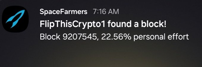 Discord notification from SpaceFarmers stating 'FlipThisCrypto1 found a block!' for Block 9207545 with 22.56% personal effort.