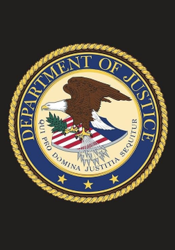 The image shows the official seal of the United States Department of Justice, featuring a bald eagle clutching arrows and an olive branch, surrounded by the text "DEPARTMENT OF JUSTICE • QUI PRO DOMINA JUSTITIA SEQUITUR" against a gold rope border. This seal directly relates to the post's claim of federal authorities using subpoena power to compel testimony from a crypto node user, illustrating the DOJ's role in pursuing cryptocurrency-related legal action.