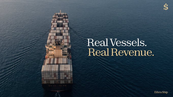 An aerial shot of a large container ship sailing through the ocean, with text reading 'Real Vessels. Real Revenue.' and 'Ethra Ship' branding.