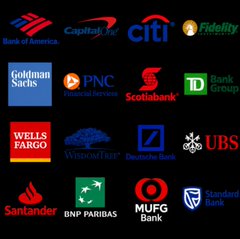 A collection of bank and financial institution logos including Bank of America, Capital One, Citi, Fidelity, Goldman Sachs, PNC Financial Services, Scotiabank, TD Bank Group, Wells Fargo, Volkswagen, Deutsche Bank, UBS, Santander, BNP Paribas, MUFG Bank, and Standard Bank.