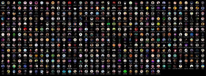 A massive grid of small circular avatars/PFPs, likely an NFT collection display, with hundreds of unique character portraits arranged in rows on a black background.