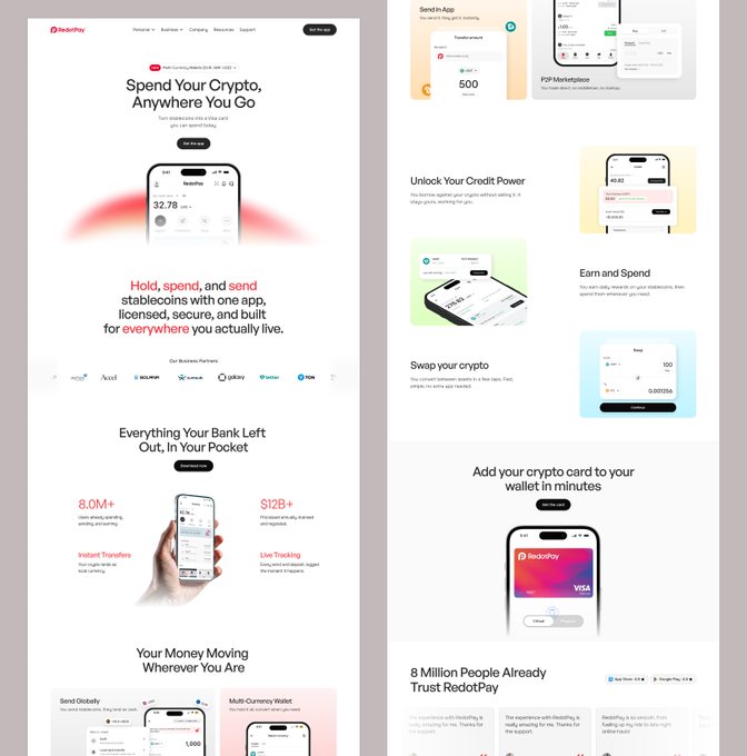 A website mockup for RedotPay promotes spending cryptocurrency worldwide, featuring sections like 'Hold, spend, and send stablecoins,' 'Unlock Your Credit Power,' 'Earn and Spend,' and 'Add your crypto card to your wallet in minutes.'