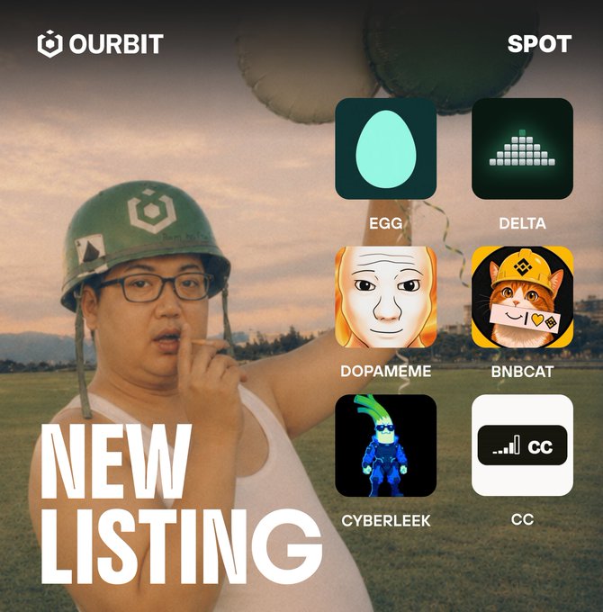 Ourbit SPOT platform promotional graphic showing "NEW LISTING" text alongside cryptocurrency tokens: EGG, DELTA, DOPAMEME, BNBCAT, CYBERLEEK, and CC, with a man wearing a military helmet in the background.