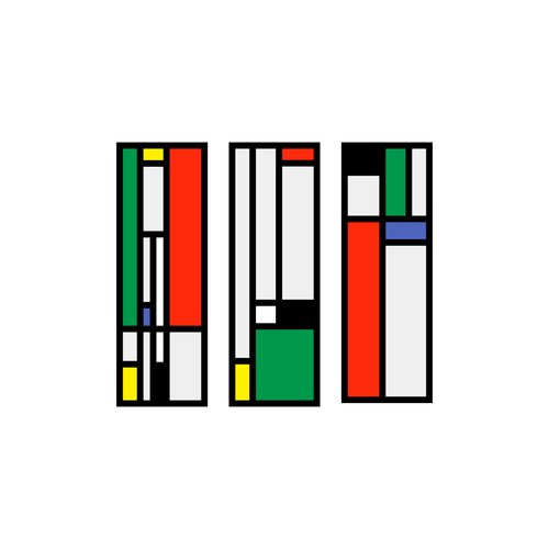 An abstract geometric artwork shows three tall black-outlined panels filled with red, green, yellow, blue, white, and gray rectangular blocks.