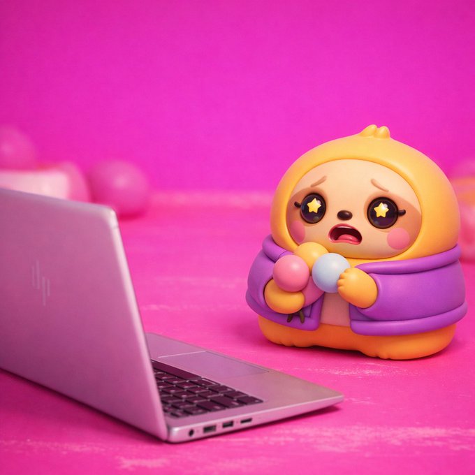 The focus of this image seems to be the laptop sitting next to the small yellow toy figurine or character, which appears to resemble a sloth wearing a sweater. The scene includes other objects such as balloons and a pink background. There's no information about the content displayed on the laptop screen, but it could be related to an advertisement, game, or social media post that features sloths in some way.