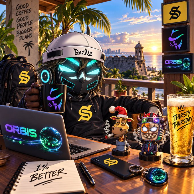 A vibrant digital illustration of a masked character wearing a 'BAINZ' cap at a tropical cafe setup with 'ORBIS' branding, a 'Thirsty Thursday' beer, a '1% Better' notebook, and various NFT collectibles.