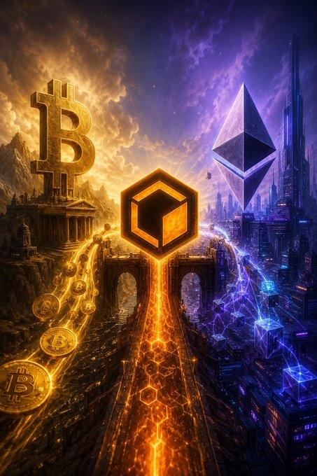 Vibrant digital artwork split between a golden, classical Bitcoin side and a futuristic, neon Ethereum side, with a glowing orange hexagonal token (Chainlink) bridging the two realms above a fiery path.