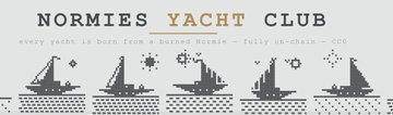 A pixel-art style banner reading 'NORMIES YACHT CLUB' with the tagline 'every yacht is born from a burned Normie - fully on-chain - NFT' and a row of boat illustrations.