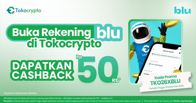 Promotional banner featuring Tokocrypto and blu by BCA Digital logos, advertising a Rp50,000 cashback reward for opening a blu account through Tokocrypto using the promo code TKO26XBLU, valid through December 31, 2026. The image visually supports the post's offer by displaying a bluAccount deposit screen alongside a masked character and prominent "DAPATKAN CASHBACK Rp50 Rb" text.